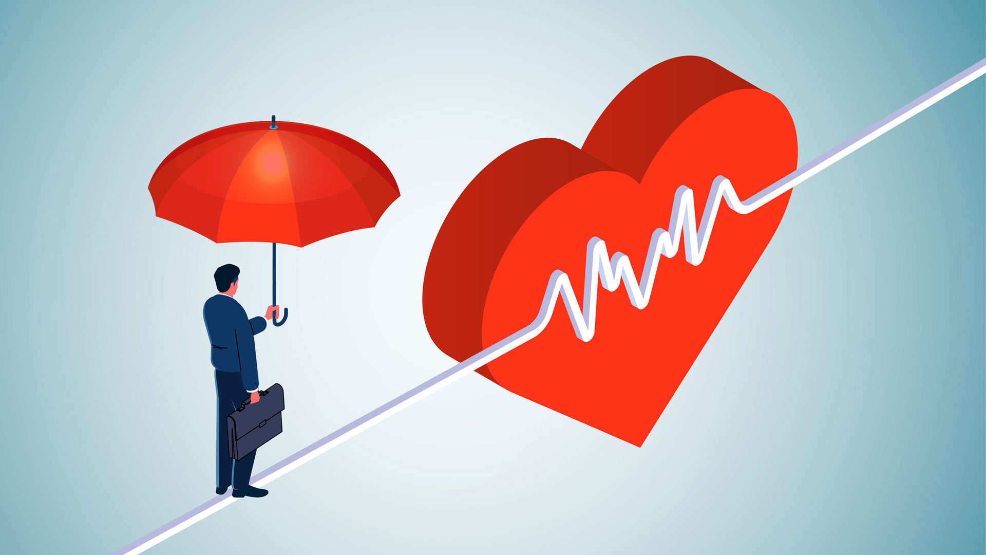 Man with a red umbrella walks on a tightrope towards a red heartbeat