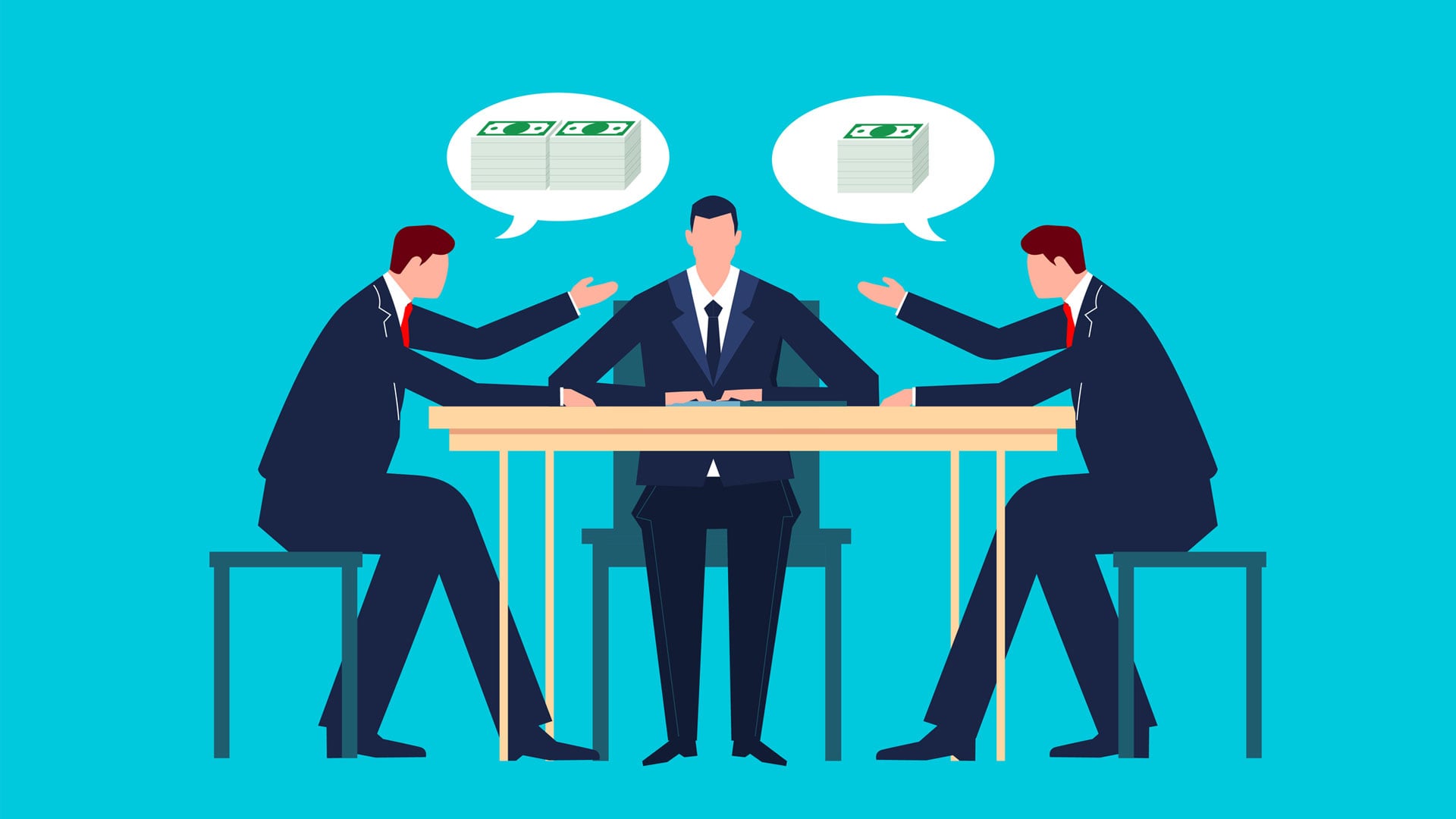 Aqua blue graphic three suited men at a table talking money