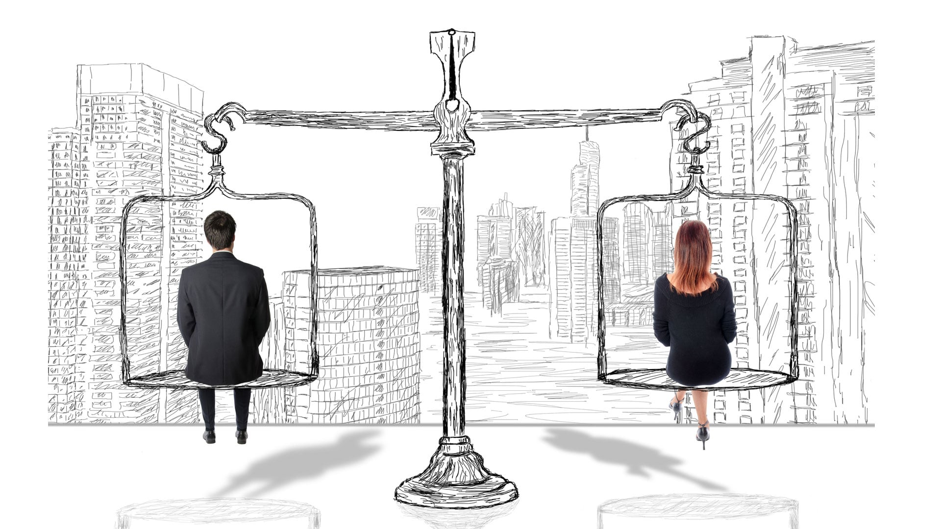 A man and a woman sitting on scales